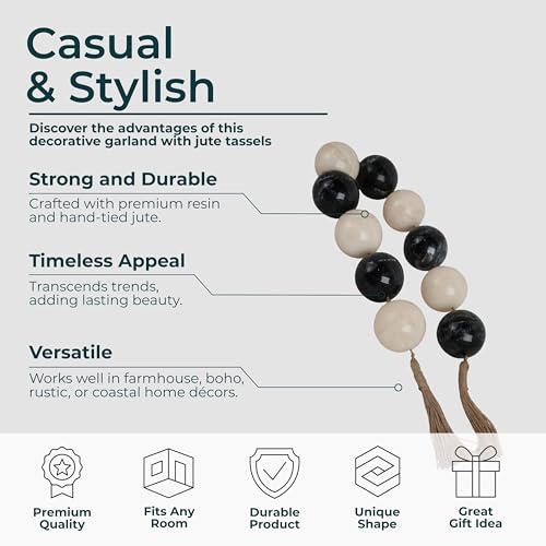 Resin Decorative Objects Bead Garland – Shelf and Table Accent Decorative Object, Living Room and Entry Console Styling, Modern Decorative Objects for Layered Home Decor Texture – 46", Black & White