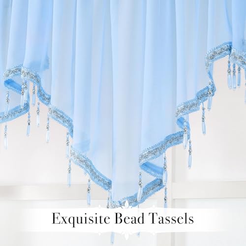 WUBODTI Blue Beaded Sheer Valance Curtains for Windows, Triangle Sheer Voile Kitchen Swag Curtain Valances Boho Bead Tassels Window Valances for Bedroom Living Room Bathroom,3PCs, Each W51 x L24 - color: Blue