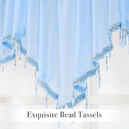 WUBODTI Blue Beaded Sheer Valance Curtains for Windows, Triangle Sheer Voile Kitchen Swag Curtain Valances Boho Bead Tassels Window Valances for Bedroom Living Room Bathroom,3PCs, Each W51 x L24 - color: Blue