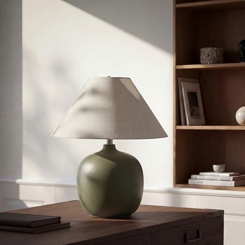 Abani Madeline 20” Table Lamp – Green Ceramic Base with Wheat Linen Tapered Shade, E26 2-Way Bulb Included – Modern Bedside Lamp for Bedroom, Living Room or Nightstand