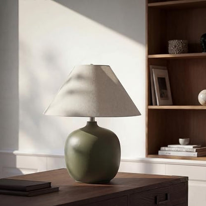 Abani Madeline 20” Table Lamp – Green Ceramic Base with Wheat Linen Tapered Shade, E26 2-Way Bulb Included – Modern Bedside Lamp for Bedroom, Living Room or Nightstand