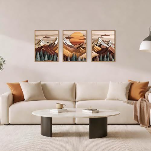 KAIRNE Woodcut Mountain Landscape Framed Canvas Wall Art Set-12"x16"x3 - color: Wood Sun Mountain Wall Art, size: 12"L x 16"W
