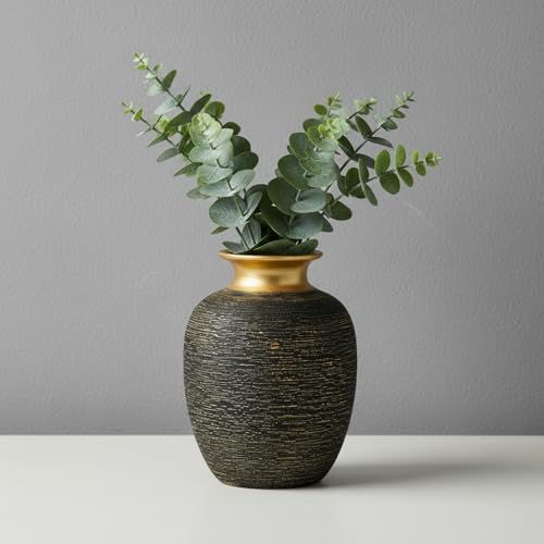 Black and Gold Vases Home Decor, 7 Inch Ceramic Flower Vase for Centerpieces, Modern Textured Decorative Vase for Living Room, Outdoor Table, Office Desk, Night Stand Decor - color: Black and Gold