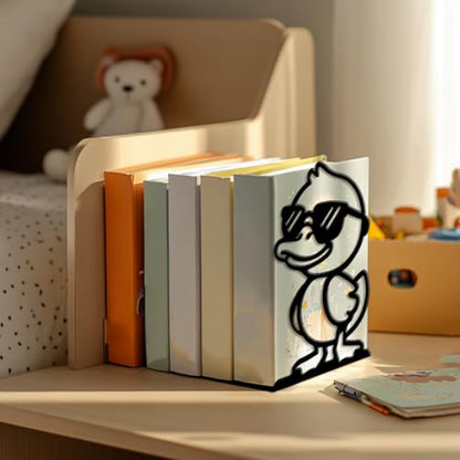 Peacoblue 5.3"x4.3"x7.9" Metal Bookends, Heavy Duty Book Ends for Shelves - style: Cute Duck with Sunglasses