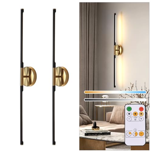 31.5 Inch Battery Operated Wall Sconces of Two, Modern Wireless Rechargeable Wall Lights with Remote Control, 3000K-6000K Dimmable, 350° Rotatable for Living Room, Bedroom, Hallway Decor