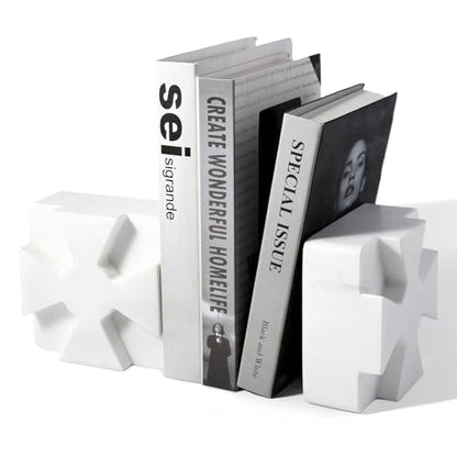 Decorative Square Marble Bookends for Heavy Books – Unique Book Ends for Shelves – Modern Aesthetic Book Holder/Stopper with Non-Slip Pads for Chic Home, Office, or Library Decor, White - style: Square-White