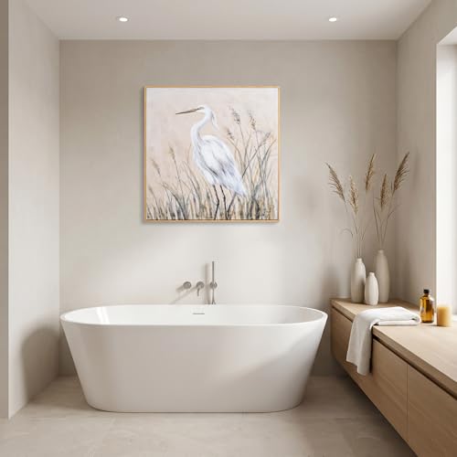 Eonzeun 32x32 Inch Framed Textured Canvas Wall Art, Large Neutral Egret Wabi-Sabi Painting for Living Room, Bedroom - color: Egret-1, size: 32"L x 32"W