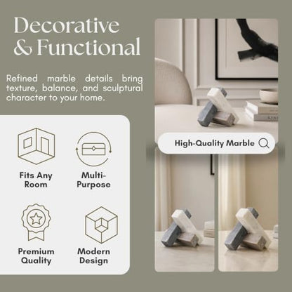 Abstract Jack for Book Shelf and Home Decor - Marble Sculpture for Bathroom, Small Bedroom, Kitchen Counter, and Living Room - Contemporary Modern Style Desk Accessory for Office - 6", White & Tan