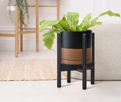 D'vine Dev Ceramic Pot with Ebony Wood Stand, Black/Tan, 8 in, 55-B-M-7 - color: Black/Speckled Tan Pot + Ebony Stand, size: 8 Inch