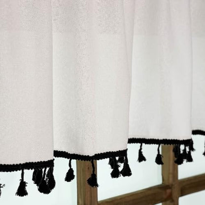 Oindec Faux Linen Kitchen Valances with Tassels, White, 54x15 inch - color: Black