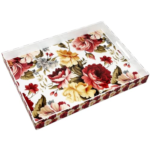 Serving Tray with Handles, 15.7 * 11.8 inches, Plastic Ottoman Tray with Exquisite Paintings, Trays for Coffee Table - color: Red Bloom