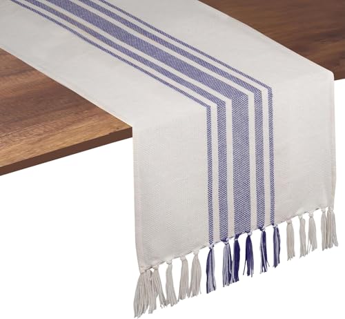 Native Fab Blue Stripe Table Runner - 90 Inches Long Boho Table Covers with Tassels - 100% Cotton, Tight Weave, Nonslip Tablerunner for Dining, Kitchen, Dresser, Wedding, 14"x90" - Blue and White - color: Blue White, size: 14x90