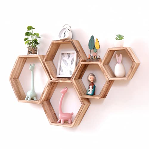 WONFUlity Hexagon Floating Shelves, Hexagonal Shelf Wall Mounted Storage - color: Light Brown, size: 5PC