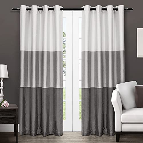EXCLUSIVE HOME Chateau Striped Faux Silk Grommet Top Curtain Panel Pair, 54"x96", Black Pearl - color: Black Pearl, size: 54"W x 96"L (Pack of 2)