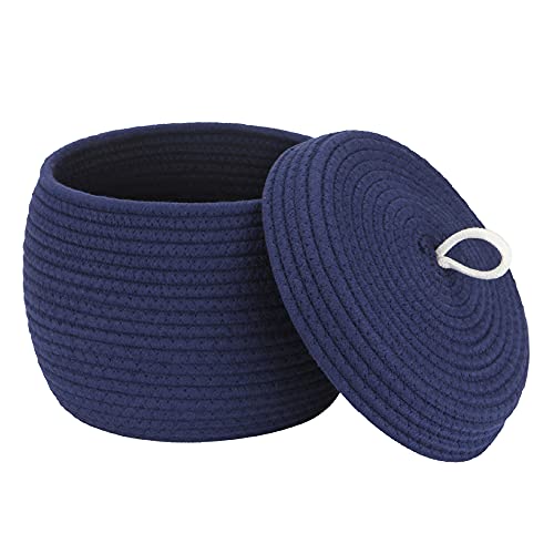 Sea Team Round Woven Cotton Rope Storage Basket with Lid, Navy - color: Dark Blue, size: Small
