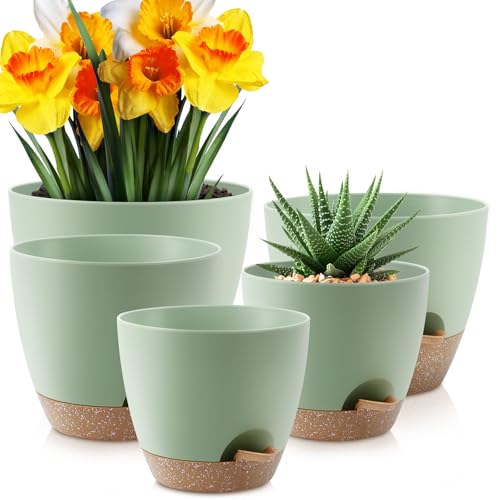 YNNICO Plant Pots 10/9/8/7.5/7 inch, Self Watering Planters with Drainage Holes & Saucers for Indoor and Outdoor Plants (Green) - color: Green, size: 10/9/8/7.5/7 inch