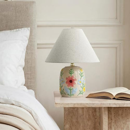 Abani Rosalie Floral 19” Table Lamp – Cream Ceramic Base with Wheat Linen Cylinder Shade, E26 2-Way Bulb Included – Elegant Bedside Lamp for Bedroom, Living Room, Entryway or Nightstand