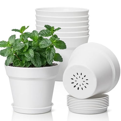 T4U Small Plant Pots 5 Inch 8 Pack, Plastic Indoor Flower Pots Saucer White - color: White, size: 5 inch
