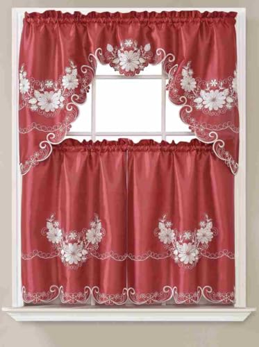 Generic 3-Piece Set Embroidered Window Curtain 2 Panels 1 Valance for Kitchen Restaurant Bar BR (Burgundy BR-14) - color: Burgundy Br-14