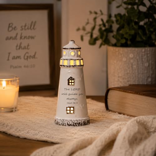 DAILYBREAD Christian Lighthouse Lamp – Small Ceramic Night Light with Bible Verse, Inspirational Faith Gift for Kids, Students,Baptism,Birthday,Journey,Warm Light Up Decor for Bed Room or Desk 5" H - color: guider