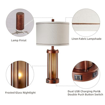 RORIA Set of 2 Farmhouse Table Lamps for Living Room with 2 USB Ports - color: Red Bronze