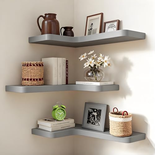 Floating Corner Shelves Set of 3, Solid Wood Picture Wall Shelf, Floating Shelves for Storage for Bedroom Kitchen Bathroom Living Room (Grey) - color: Grey