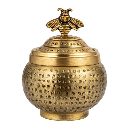 Creative Co-Op Round Hammered Metal Container with Bee Finial, Brass Finish - size: 6 inches (Diameter) x 7 inches (Height), style: Bee