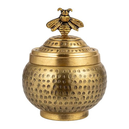 Creative Co-Op Round Hammered Metal Container with Bee Finial, Brass Finish - size: 6 inches (Diameter) x 7 inches (Height), style: Bee