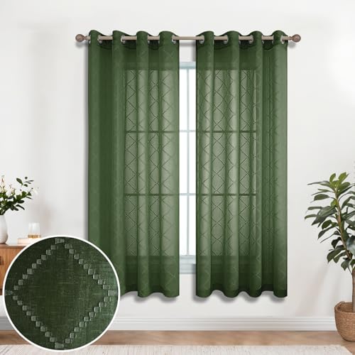 KOUFALL Olive Green Curtains with Diamond Plaid, Sheer Dark Moody Curtains for Bedroom Living Room, Wide 52 x 63 Inch Length, 2 Panels Set - color: Olive Green, size: 52"W x 63"L (Pack of 2)