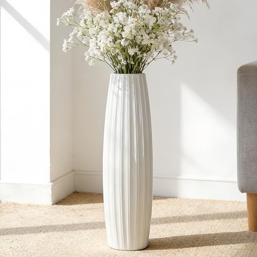 White Tall Ceramic Floor Vase, 28 Inch, Ribbed Drum Design - color: Vertical Stripes, size: Height-28 Inch