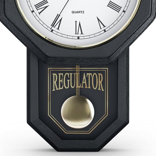 Pendulum Wall Clock, Real Wood Regulator Clock, Black, Quiet Non-Chiming - color: Black