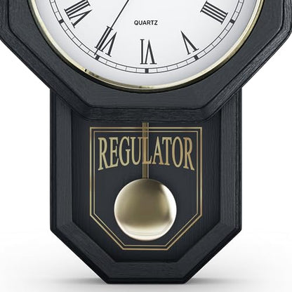 Pendulum Wall Clock, Real Wood Regulator Clock, Black, Quiet Non-Chiming - color: Black