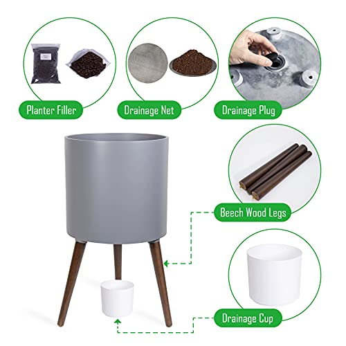 D'vine Dev 14 Inch Planter Pot with Wood Stand, Grey, 88-O-D-3 - color: Matte Grey, size: X-Large