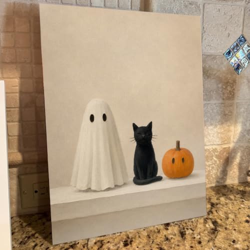 Halloween Wall Art Decor, Ghost Cat Pumpkin Canvas Print Framed - color: E