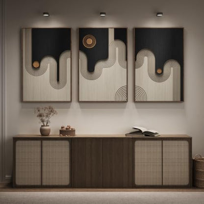 Framed 3D Wood Abstract Geometric Textured Wall Decor Living Room, 24x36 In - color: Black Beige