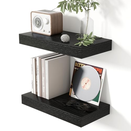 Heimlove 16 Inch Floating Shelves for Wall Black Shelves Set of 2,Wall Mounted Rustic Wood 8 Inch Deep Floating Shelf with Invisible Brackets for Bedroom Kitchen Living Room - color: Black, size: 16''W x 7.9''D x 1.5''H,Set of 2-MDF