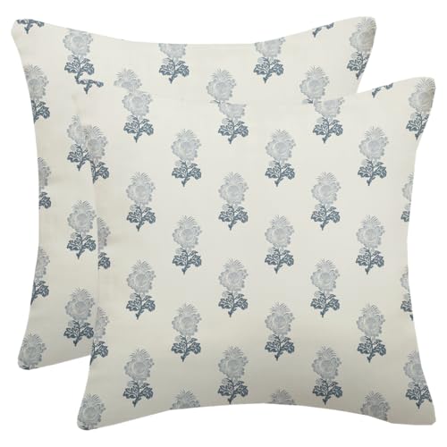 Navy Blue Block Print Pillow Covers 18X18 Inch Set of 2, Boho Vintage Floral Throw Pillows Farmhouse Spring Summer Flower Outdoor Decorative Cushion Case for Home Sofa Couch Bed - color: Navy Blue Block Print, size: 18" x 18" (Pack of 2)