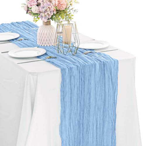 Baby Blue 10FT Cheesecloth Table Runner Boho Gauze Fabric Table Runner Rustic Sheer Runner for Wedding Birthday Baby Shower Party Boho Table Decoration - color: Baby Blue, size: 35" x 120"-1 Pack