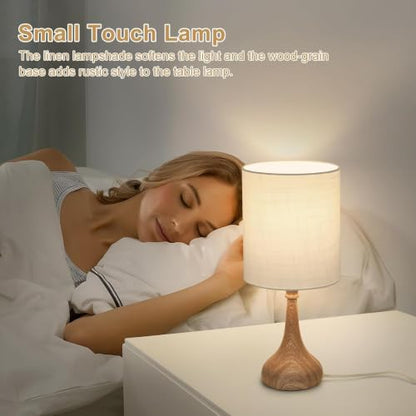 Dimmable Small Table Lamp, Bedside Lamps Touch Control for Bedrooms Nightstand with Wood Grain Base, Desk Lamp Night Light for Office Living Room, 9W 3000K LED Bulb Included - color: White, Wood Grain