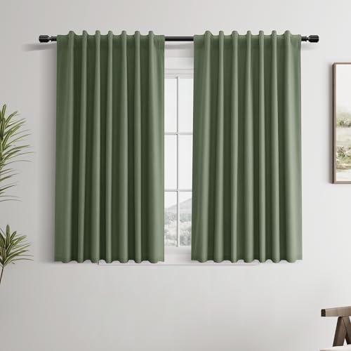 Guken 100% Blackout Linen Curtains 45 Inches Long Textured Olive Green Country Farmhouse Back Tab Hook Belt Room Darkening Insulated Thermal Noise Reduction Window Drapes for Bedroom Nuersery 52x45 - color: Olive Green, size: 52"W x 45"L (Pack of 2)