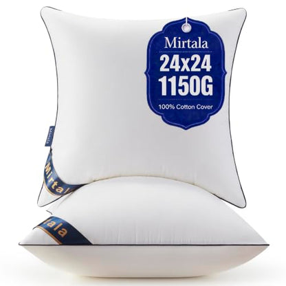 Mirtala 24"x24" Pillow Inserts Set of 2 with 100% Cotton Cover Decorative Square Throw 24" Pillows Living Room, Sofa, Couch, and Bed-White (2, 24 x 24 Inch) - size: 24 x 24 Inch