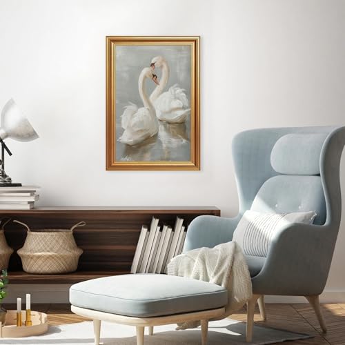 EJPFOGV Two Romantic White Swans Heart Framed Canvas Wall Art 16x24 inches - color: Swan, size: 24"L x 16"W