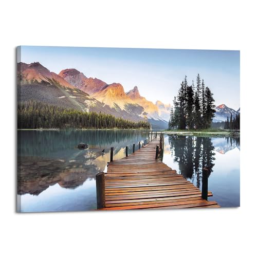 Lake Boardwalk Canvas Wall Art: Nature Mountain Sunset Scenic Artwork Woodland Water Print Picture for Bedroom - color: Lake Bridge, size: 24"L x 16"W
