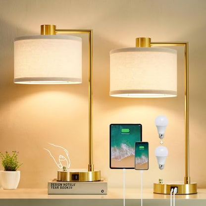 Gold Table Lamp Set of 2, Dimmable Bedside Lamps for Night Stands, USB A+C - color: Gold
