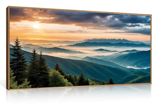 LHIUEM Large Nature Mountain Sunrise Framed Canvas Wall Art, Modern Misty Tree Wall Decor, Boho Forest Green Landscape Artwork, 20"x40"x1 - color: Boho Forest Mountain Wall Art, size: 40"L x 20"W