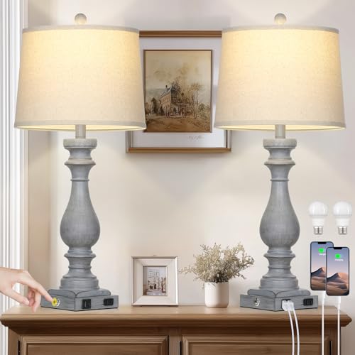 Cinkeda 29" Tall Farmhouse Table Lamp for Living Room Set of 2,Vintage Retro Nightstand Lamps with USB C+A Ports & AC Outlet,3-Way Dimmable Touch Bedside Lamp for Bedroom Side Table,Light Grey - color: Light Gray