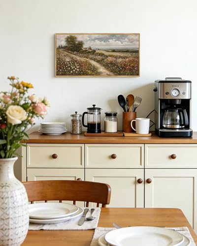 KUVIOKE Vintage Landscape Framed Wall Art Countryside Meadow Wildflower Field Wall Prints Classic Retro Farmhouse Rustic Decorations for Living Room Bedroom 8x16in (Natural Framed) - color: Countryside Flowers, size: 16"L x 8"W