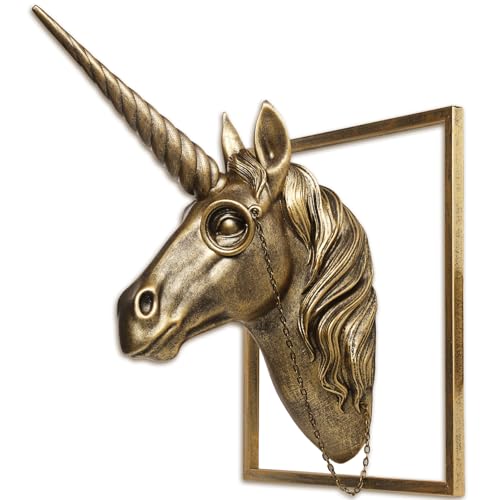 JJALIGHTS Exquisite Resin Animal Head Wall Sculpture (Gift Metal Frame) - Imitation Copper Vintage Decor for Living Room, Bedroom & Office | Decorative Wall Hanging Art (Unicorn) - color: Bronze Unicorn