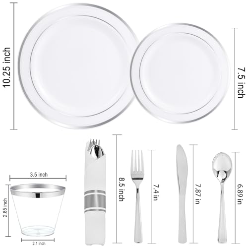 WELLIFE 210 Piece Silver Plastic Dinnerware Set for 30 Guests, Include: 30 Dinner Plates, 30 Dessert Plates, 30 Pre Rolled Napkins with Silverware and 30 Silver Cups - color: Silver, style: 210PCS（30 Guests）
