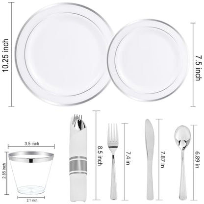 WELLIFE 210 Piece Silver Plastic Dinnerware Set for 30 Guests, Include: 30 Dinner Plates, 30 Dessert Plates, 30 Pre Rolled Napkins with Silverware and 30 Silver Cups - color: Silver, style: 210PCS（30 Guests）
